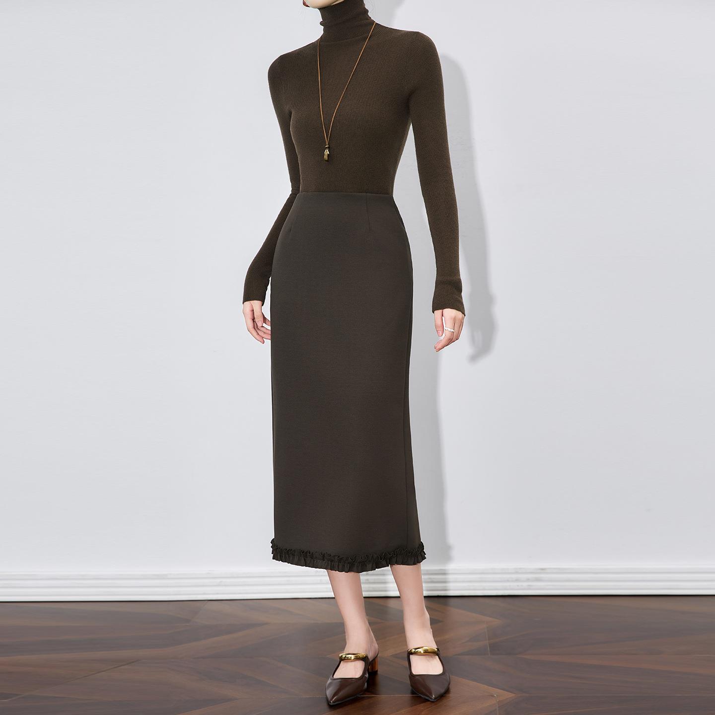 轻奢高品质下摆木耳边半身裙中长开叉纯色直筒百搭新女款秋冬