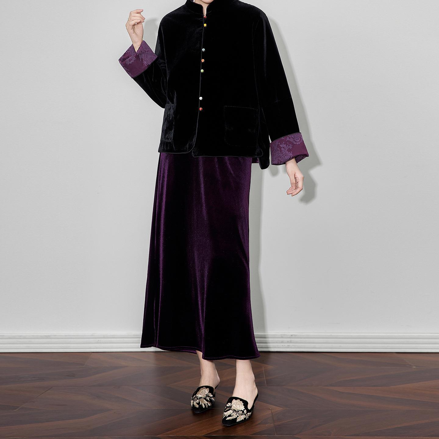 轻奢光泽丝绒半身裙高货新中式国风显瘦中长秋冬新款女款秋冬