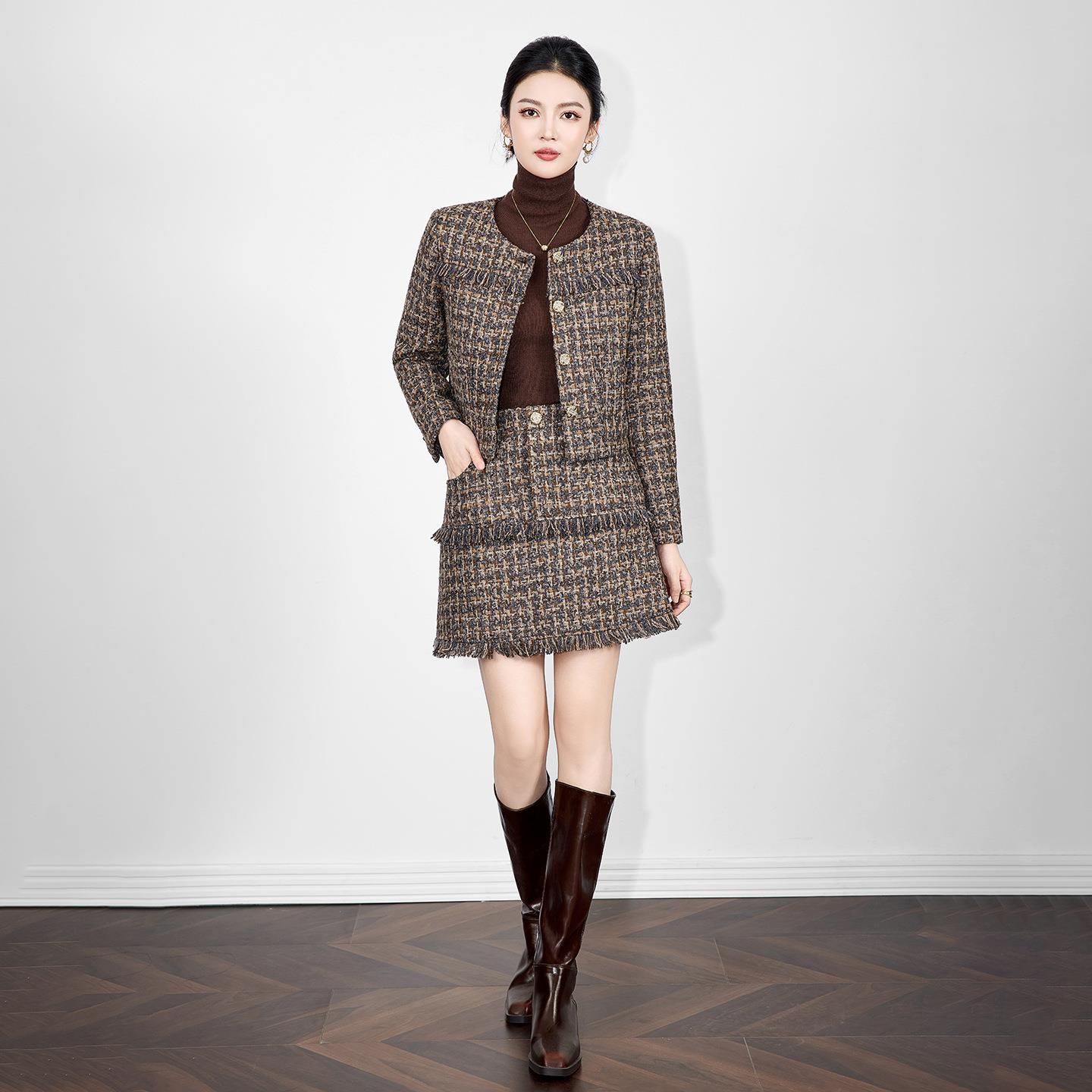 超好看冬裙套装高品质时髦花纱小香风羊毛粗花呢外套+半身裙两件