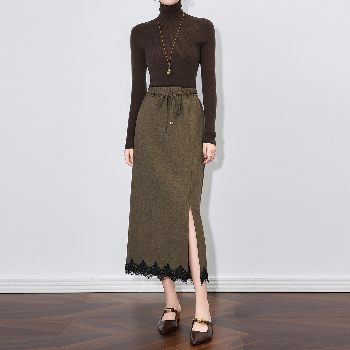 高智松弛感下摆蕾丝花边侧开叉半身裙直筒显瘦休闲通勤女女款秋冬