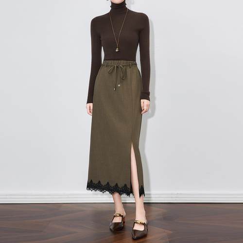 高智松弛感下摆蕾丝花边侧开叉半身裙直筒显瘦休闲通勤女女款秋冬