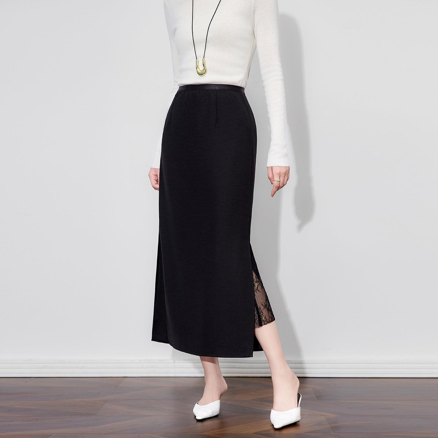 极简修身知性通勤拼蕾丝松紧腰开衩半身裙女早秋新款女款秋冬