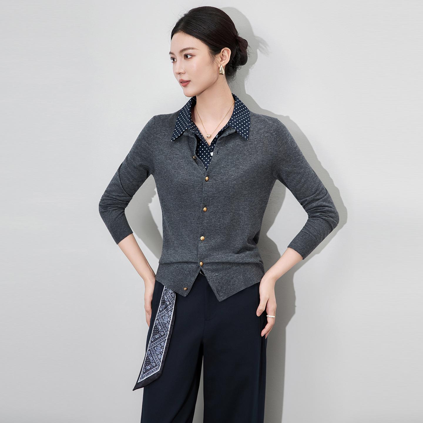 2025新款针超细美丽诺羊毛松弛老钱风波点领可卸针织开衫上衣女