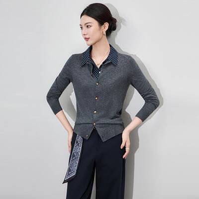 2025新款针超细美丽诺羊毛松弛老钱风波点领可卸针织开衫上衣女