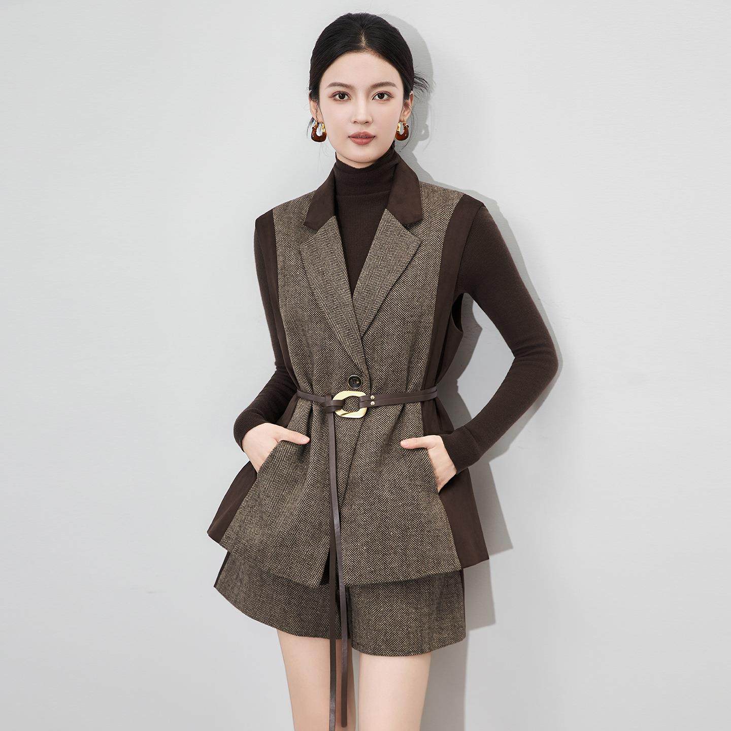 2026新款高品质小众设计师款拼接毛呢西装马甲+短裤两件套装
