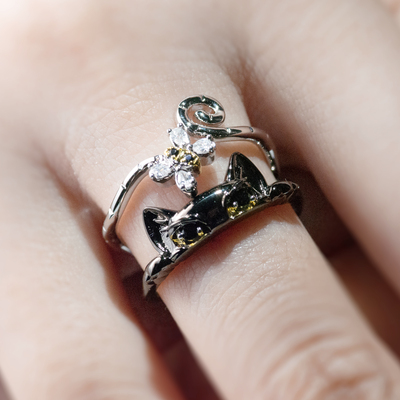 黑猫与蜜蜂镶锆石对戒套戒女