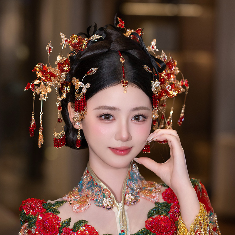 秀禾头饰金红色眉心坠额饰中式新娘头饰结婚秀禾服龙凤褂婚礼发饰