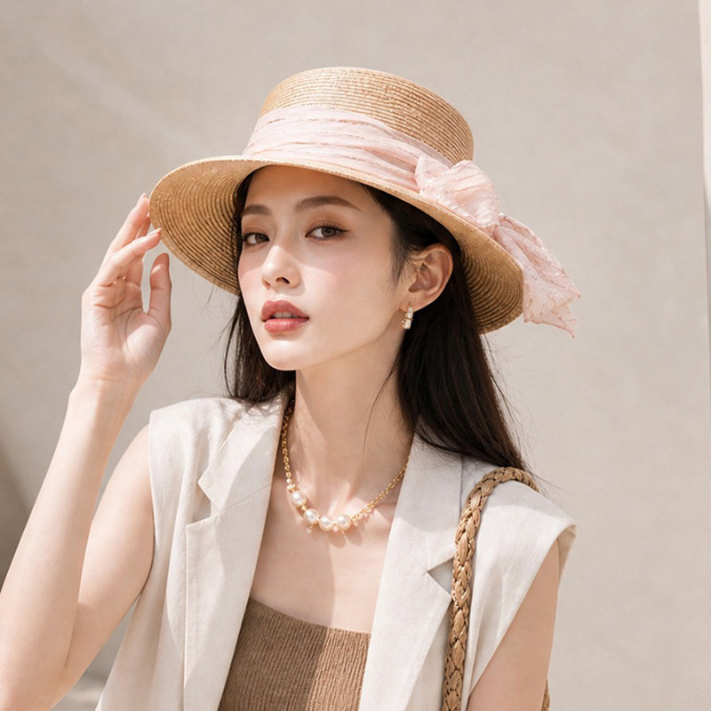 草帽女款2026新款法式平顶粉色蝴蝶结礼帽子夏遮阳防晒海边度假风