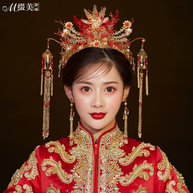 新娘秀禾头饰中式古装凤冠大气结婚套装红色敬酒服婚纱配饰禾秀服