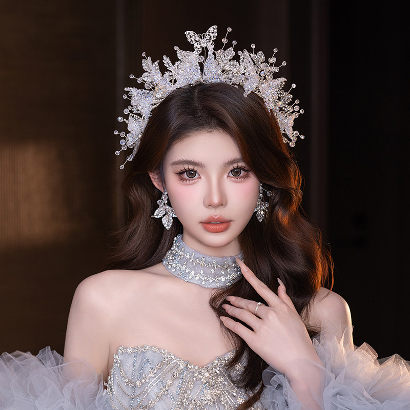 皇冠新娘头饰高级感重工水晶蝴蝶皇冠头饰婚纱头饰主纱婚礼服配饰