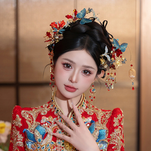 中式秀禾新娘头饰2025红蓝色新中式新款龙凤褂婚礼秀禾服发饰配饰