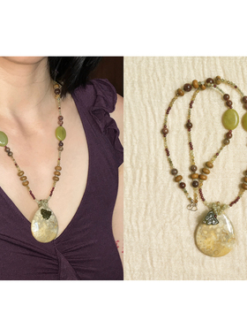 playdate轻中式珊瑚玉木质调植物色系天然石榴石原创小众复古项链