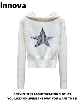 Quinnova 白色连帽针织衫女春五角星修身套头毛衣设计感百搭上衣