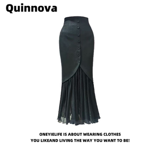 Quinnova 黑色高腰拼接鱼尾半身裙女春新款轻奢名媛纽扣百褶长裙