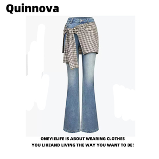 Quinnova设计感格纹叠穿绑带假两件微喇叭裤女夏季新款蓝色牛仔裤