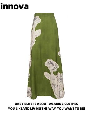 Quinnova 复古印花半身裙女春高腰显瘦中长款A字裙绿色气质裙子潮