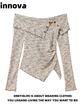 Quinnova 法式一字肩不对称长袖针织T恤女设计感显瘦露肩打底上衣