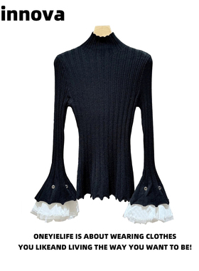 Quinnova 法式优雅高领喇叭袖修身针织衫女春花边拼接打底衫上衣