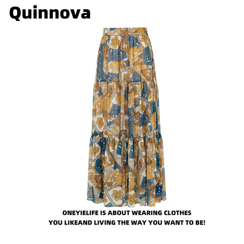 Quinnova复古印花高腰显瘦半身裙