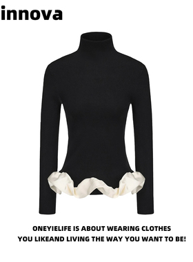 Quinnova黑色高领针织衫女长袖修身显瘦下摆云朵花边拼接打底上衣