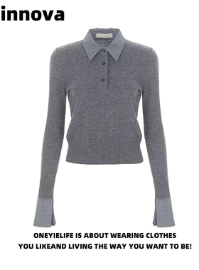 Quinnova 学院风POLO领撞色拼接针织衫女春长袖百搭显瘦慵懒上衣