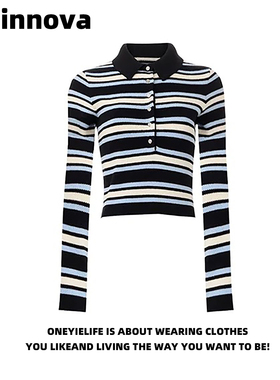 Quinnova 撞色条纹POLO领针织衫女2026春修身显瘦小个子短款上衣
