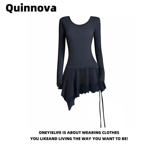 高级感不对称蕾丝显瘦长袖T恤裙