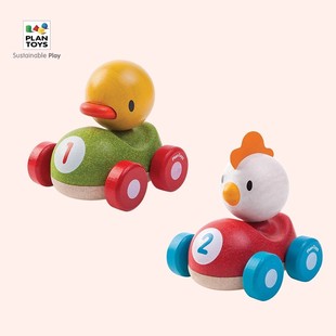 PLANTOYS鸭鸭赛车摆件回力小车动物木质推拉玩具婴儿推推车惯性