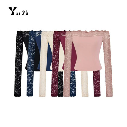 Elegant and Graceful French Lace Off-Shoulder Slimming Fashionable Versatile Autumn Long-Sleeve Top with Unique Design