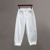 女2025秋季 新款 宽松显瘦休闲哈伦裤 白色松紧腰老爹牛仔弯刀裤 垮裤