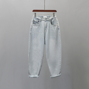 宽松显瘦休闲胖MM哈伦裤 新款 女2025春季 浅蓝色后松紧腰老爹牛仔裤