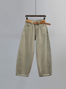 军绿色高腰老爹弯刀牛仔裤女2026春夏新款宽松显瘦窄版休闲阔腿裤