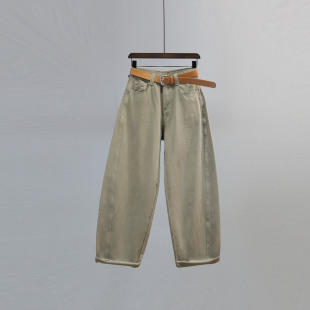 休闲阔腿裤 宽松显瘦窄版 女2026春夏新款 军绿色高腰老爹弯刀牛仔裤