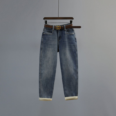 复古加绒加厚水洗老爹牛仔裤