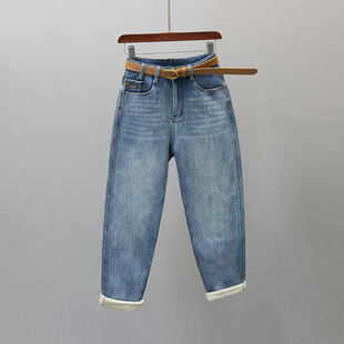 宽松显瘦休闲哈伦老爹裤 新款 女2025冬季 浅蓝色加绒加厚高腰牛仔裤