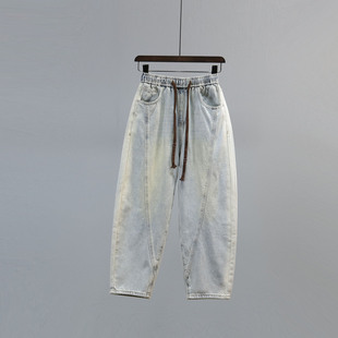 宽松休闲九分老爹裤 新款 女2026春秋季 浅蓝色复古松紧腰哈伦牛仔裤
