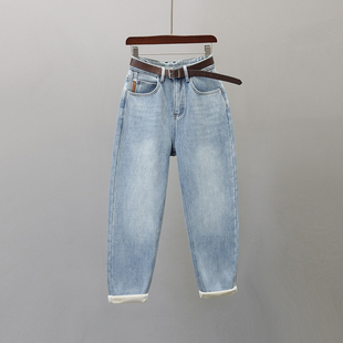 高腰显瘦休闲浅蓝色哈伦萝卜裤 新款 女2025冬季 加绒加厚老爹牛仔裤