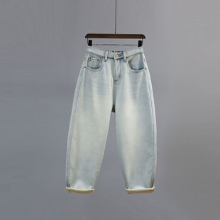 垮裤 复古浅蓝色加绒加厚牛仔裤 宽松休闲哈伦老爹裤 新款 女2025冬季