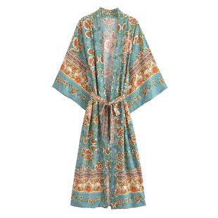 2025秋季新款异域风定位印花宽松长袖人棉和服式开衫沙滩长袍外套