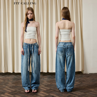 fit calling 冰川蓝低腰香蕉牛仔裤女秋季新款系带宽松阔腿裤子