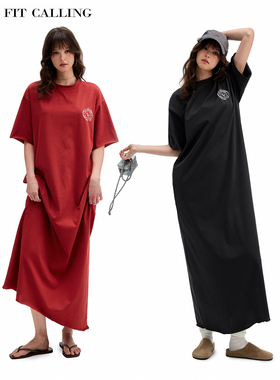 fit calling 慵懒极简长短可裁圆领短袖连衣裙女宽松松弛感长裙子