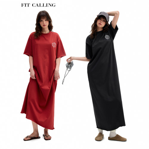 fit calling 慵懒极简长短可裁圆领短袖连衣裙女宽松松弛感长裙子