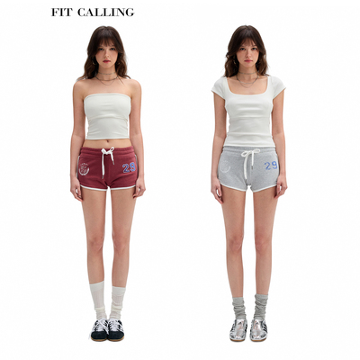 fit calling 复古运动风包边印花高腰短裤女夏季外穿小个子裤子