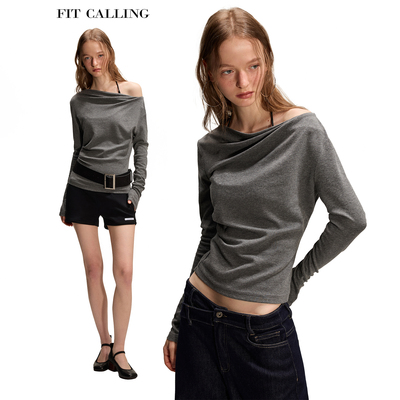 fit calling 通勤简约穿搭斜肩两穿百搭修身显瘦长袖上衣针织衫女