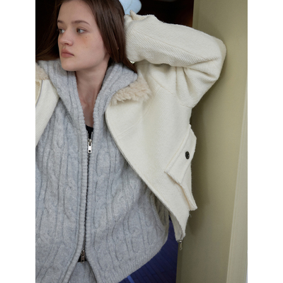 fit calling 秋冬宽松毛领可脱卸斜纹50羊毛通勤百搭拉链短外套女