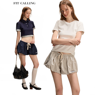 fit calling 美式辣妹外穿海狸风两色系带休闲短裤女夏花苞裤