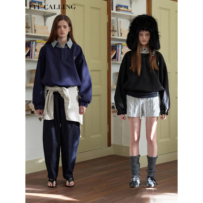 fit calling 假两件衬衫领口拼接两色卫衣外套女春慵懒宽松上衣