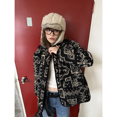 fit calling 通勤简约宽松环保羊羔毛灯芯绒滚边连帽保暖加棉外套