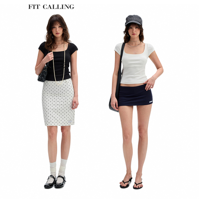 fit calling 复古大领口两色百搭短袖T恤女夏季修身极简正肩上衣