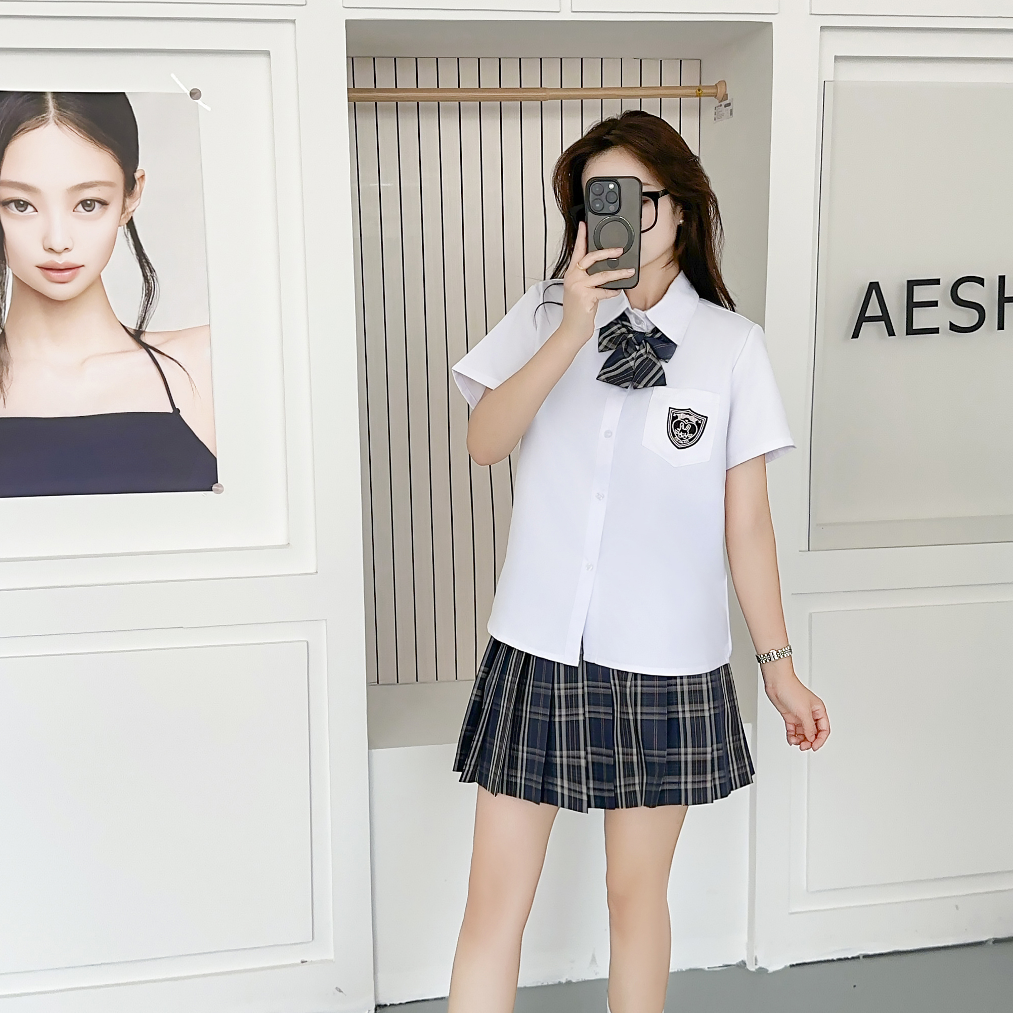jk制服裙校供感黑色格裙